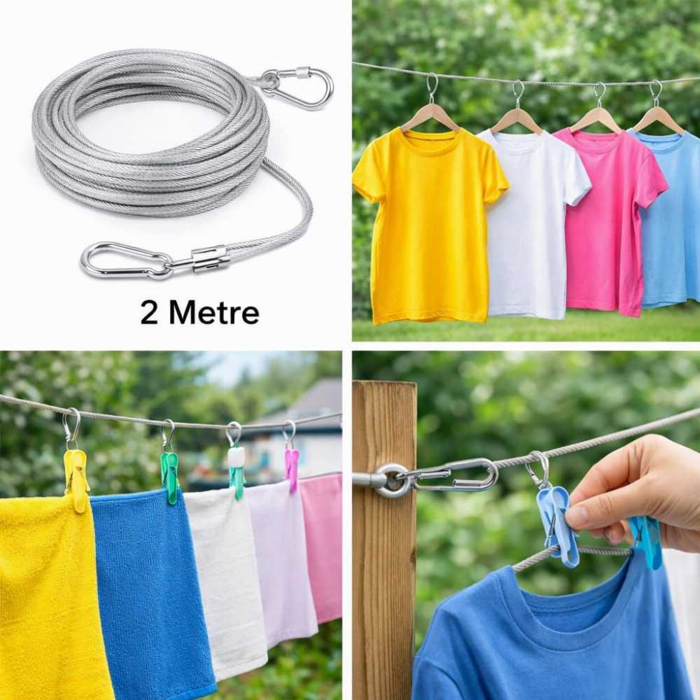 2-Meter Stainless Steel Clothesline – Strong Metal Rope with Hanging Hooks